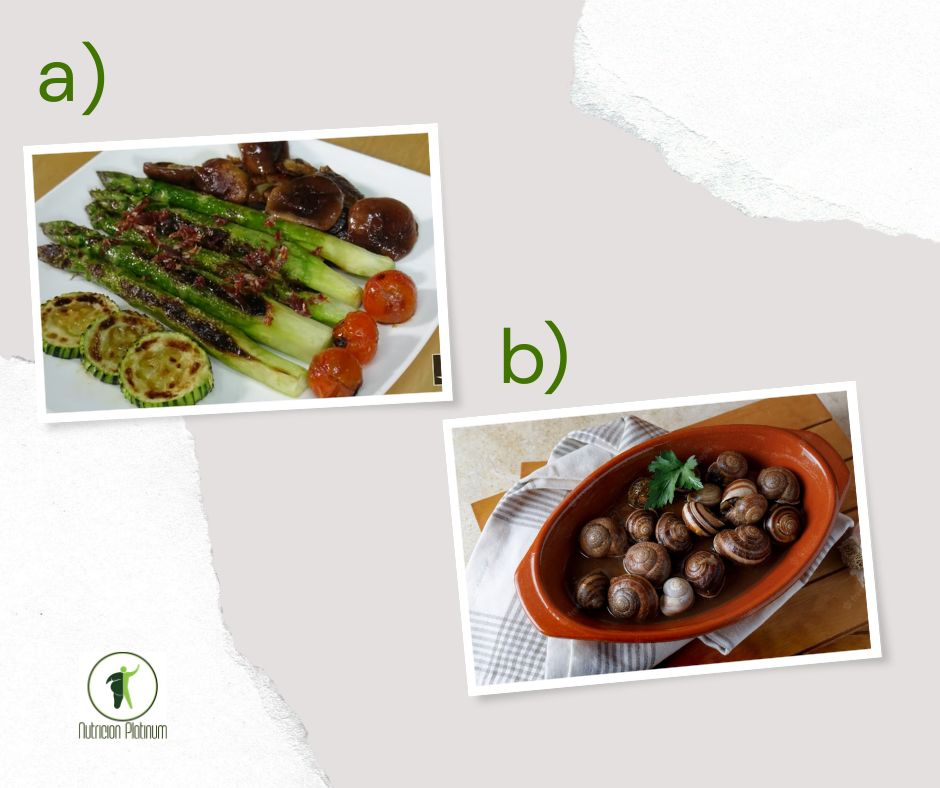 Espárragos verdes o trigueros con setas y calabacín a la plancha acompañado de caracoles al ajillo